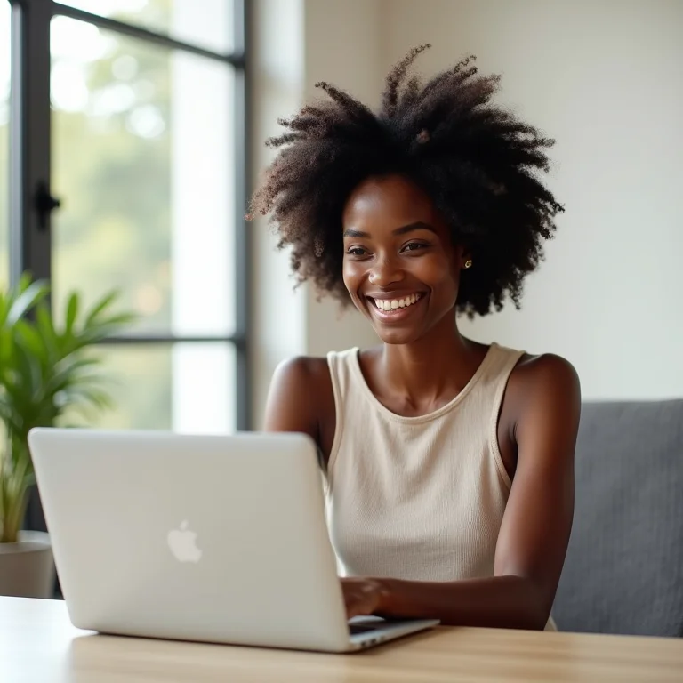 Mulher negra sorrindo durante uma videoconferência, indicando uma boa experiência online.