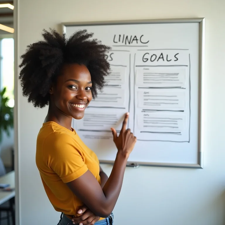Mulher negra sorrindo e apontando para um quadro de metas.
