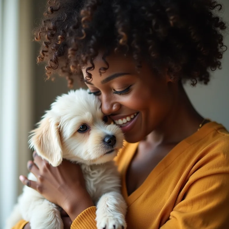 Mulher negra sorrindo e brincando com um cachorrinho maltês.