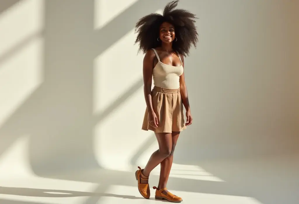 Mulher negra sorrindo e exibindo calçados ortopédicos estilosos