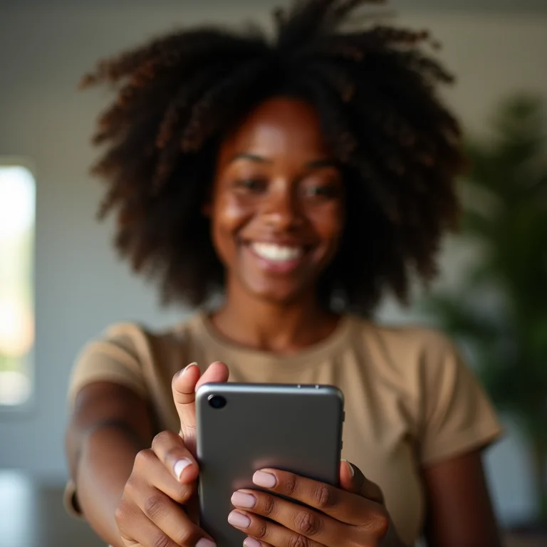 Mulher negra sorrindo e mostrando informações de contato em dispositivo digital