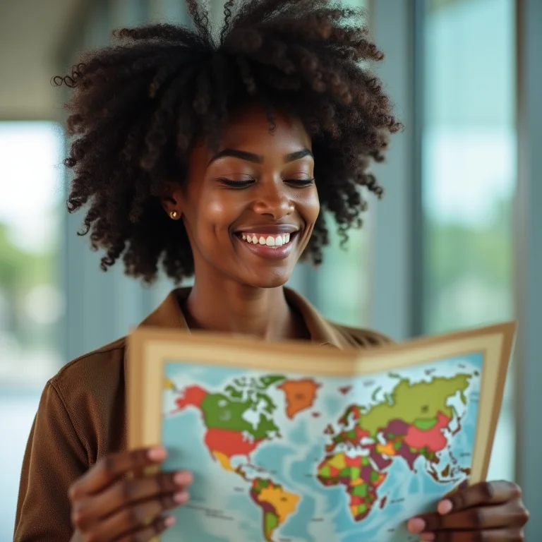 Mulher negra sorrindo e planejando sua viagem, considerando aeroportos alternativos.
