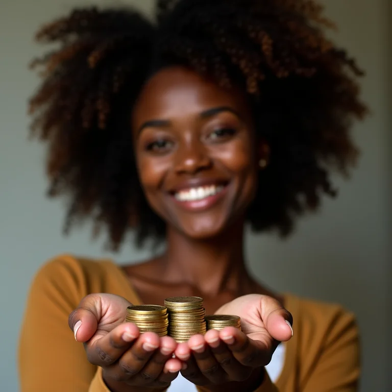 Mulher negra sorrindo e segurando moedas