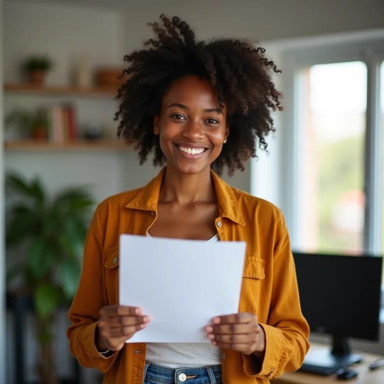 Mulher negra sorrindo e segurando uma impressão de impressora tanque de tinta.