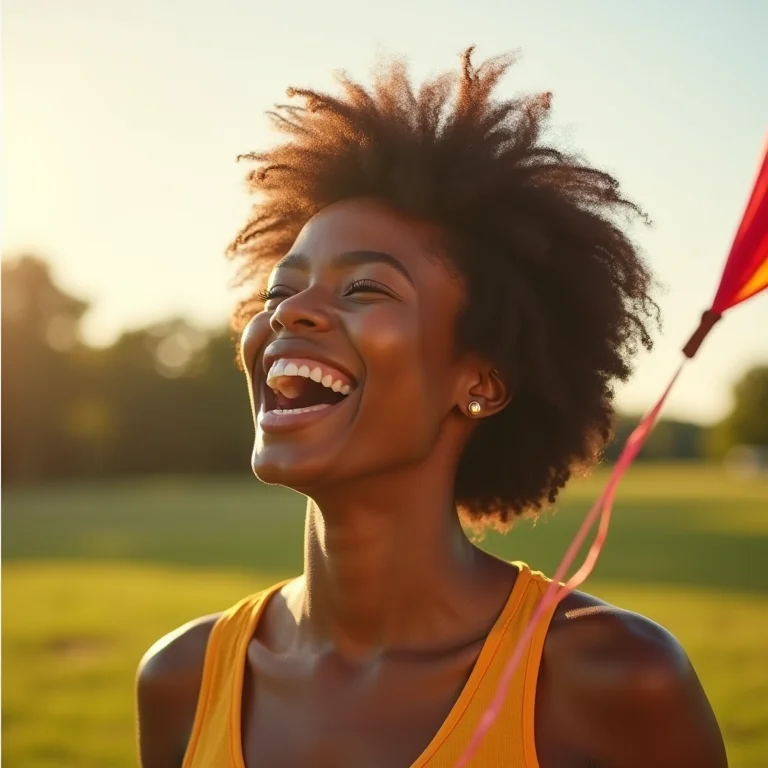 Mulher negra sorrindo e segurando uma pipa