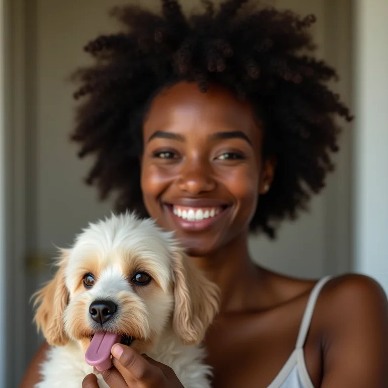 Mulher negra sorrindo e treinando seu cachorro.