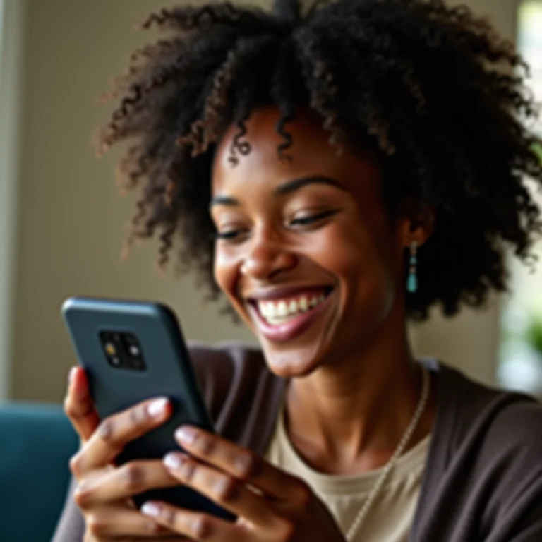 Mulher negra sorrindo e usando o Telegram em seu smartphone.