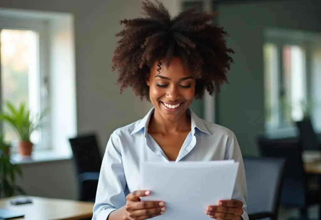 Mulher negra sorrindo em ambiente de trabalho moderno