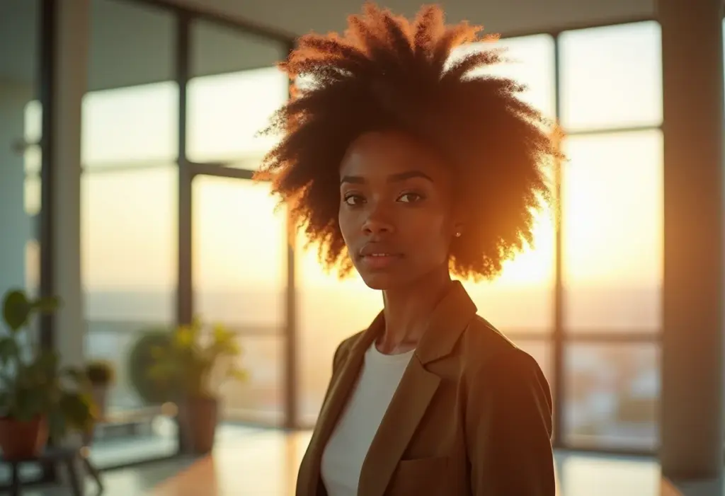 Mulher negra sorrindo em ambiente de trabalho moderno, representando o crescimento na carreira.