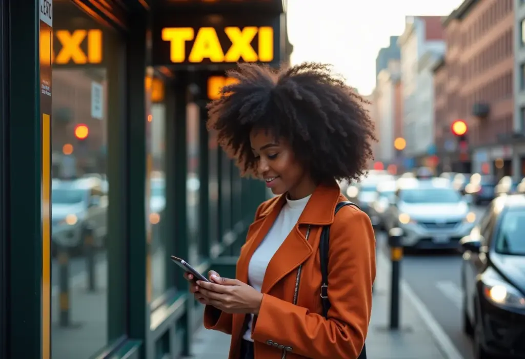 Mulher negra sorrindo em ponto de táxi, usando app de transporte.