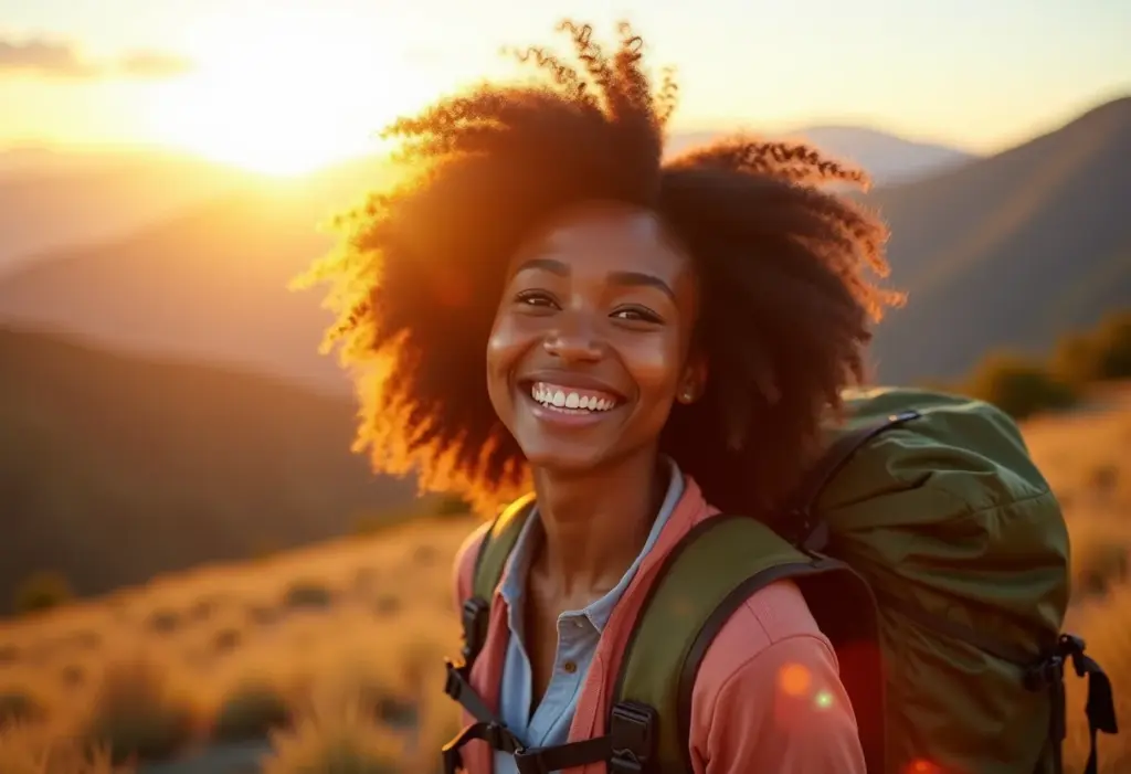 Mulher negra sorrindo em trilha com mochila cargueira
