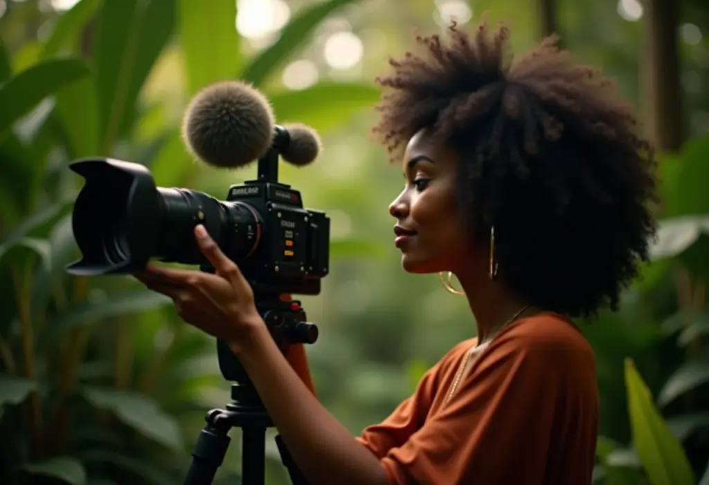 Mulher negra sorrindo em um jardim botânico, câmera de filme vintage em foco