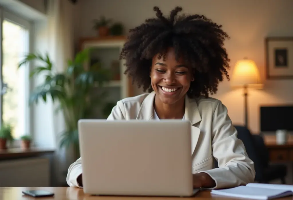 Google Chat: O guia COMPLETO para dominar a ferramenta! Mulher negra sorrindo em video chamada no Google Chat