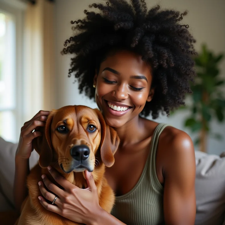 Mulher negra sorrindo enquanto acaricia seu cachorro, enfatizando a importância da vacinação