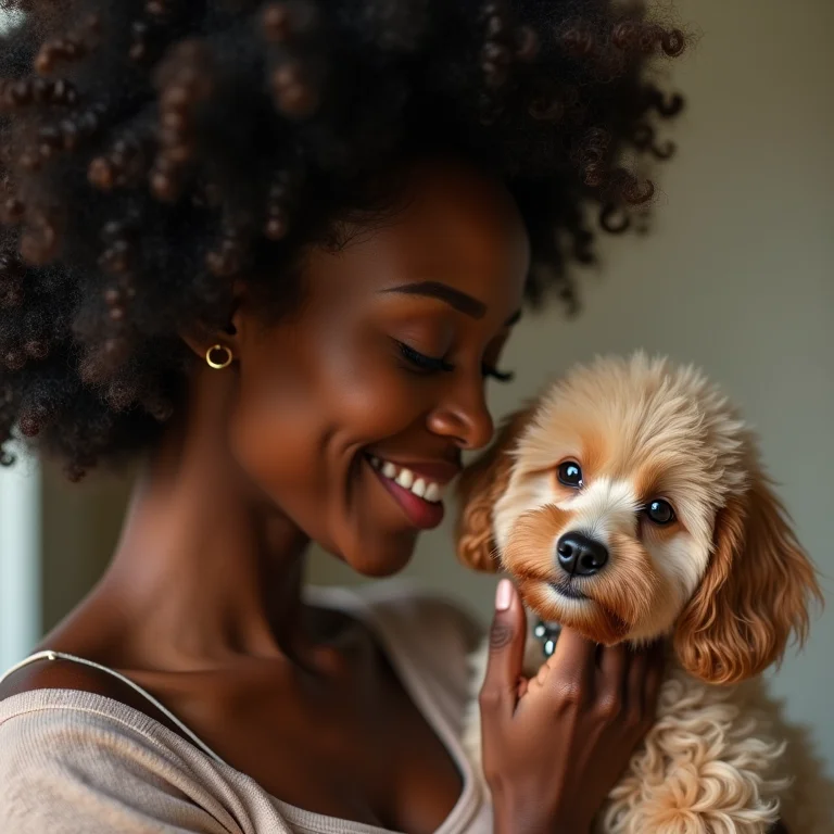 Mulher negra sorrindo enquanto acaricia seu cachorro poodle