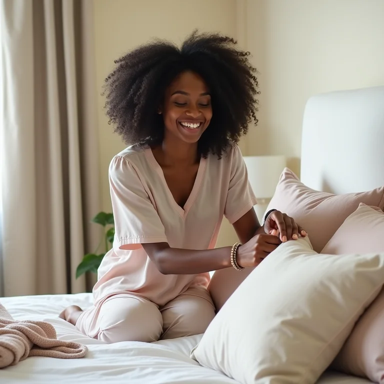 Mulher negra sorrindo enquanto arruma travesseiros em quarto de Airbnb
