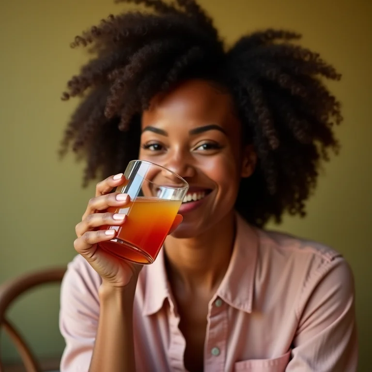 Mulher negra sorrindo enquanto bebe chá de lichia.