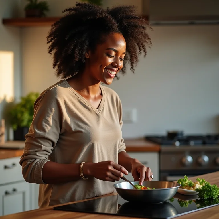 Mulher negra sorrindo enquanto cozinha em cooktop de indução