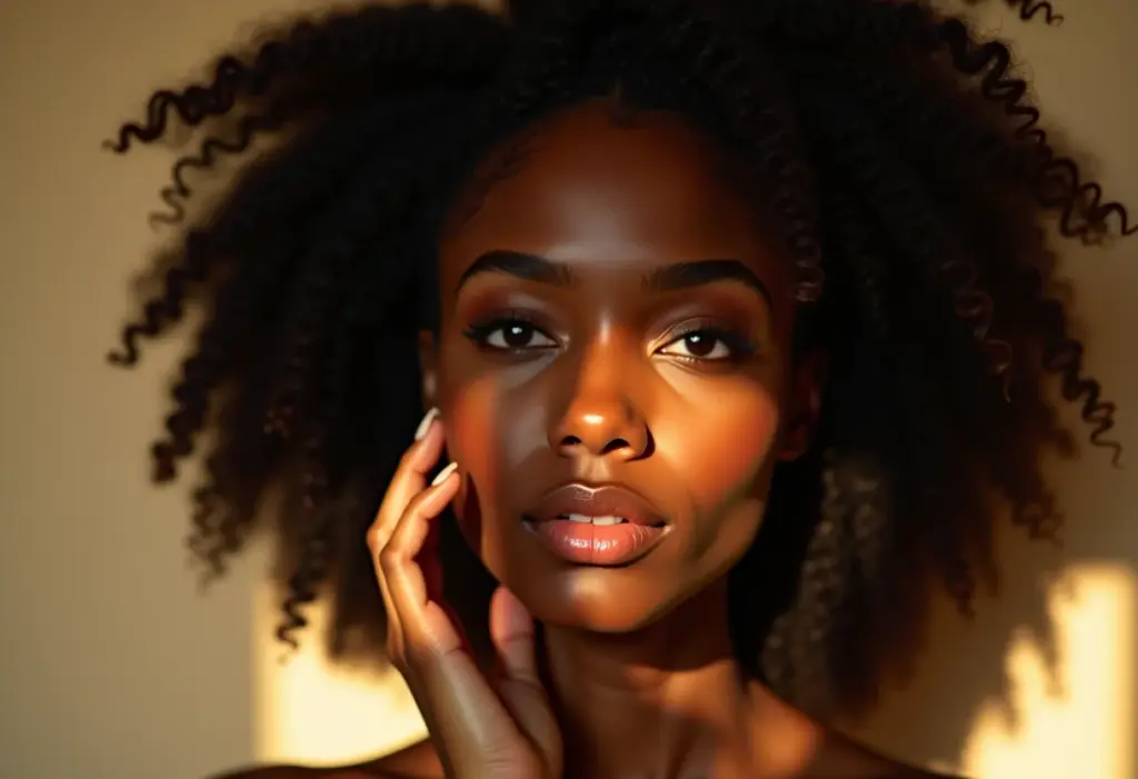 Mulher negra sorrindo enquanto cuida das cutículas com óleo hidratante.