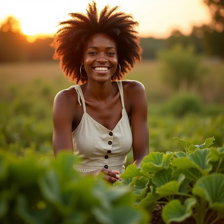 Mulher negra sorrindo enquanto cuida de sua horta