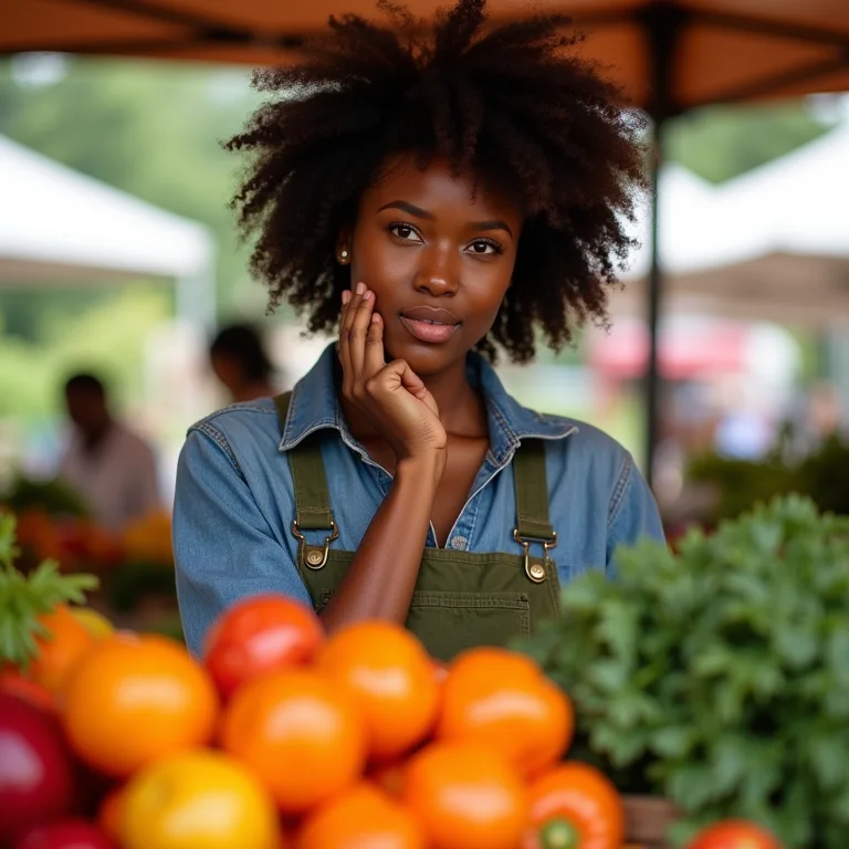 Mulher negra sorrindo enquanto escolhe frutas orgânicas em uma feira.