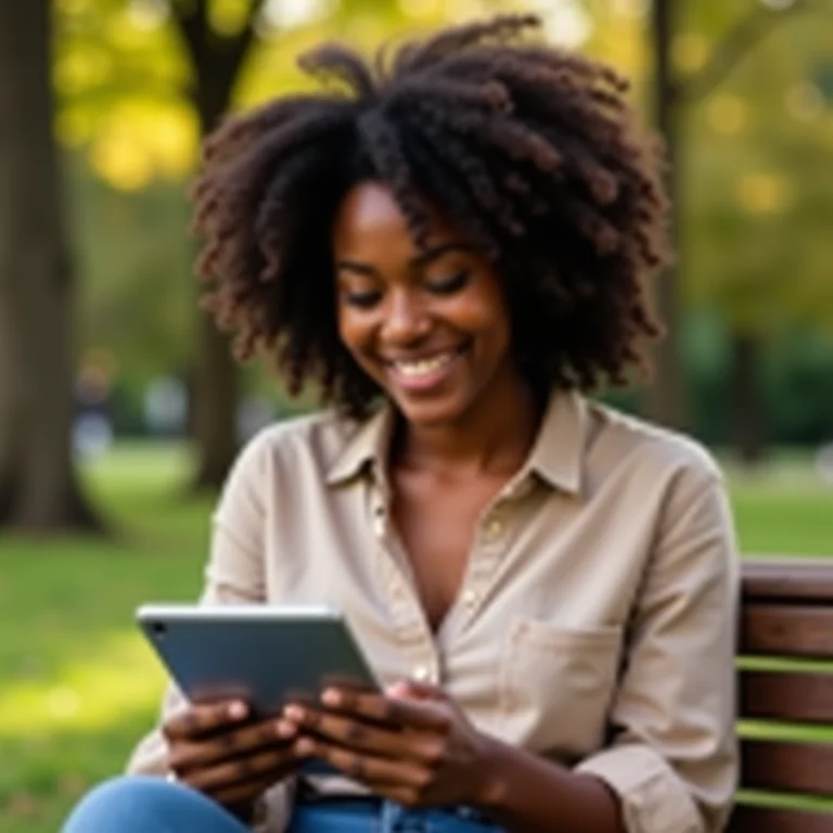 Mulher negra sorrindo enquanto estuda em um tablet ao ar livre