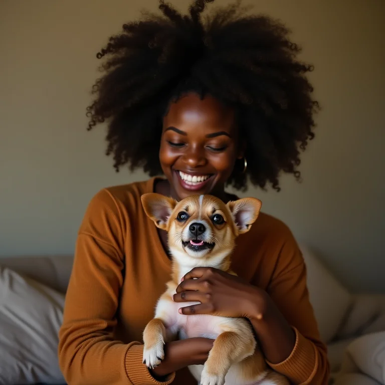 Mulher negra sorrindo enquanto interage com seu cachorro.