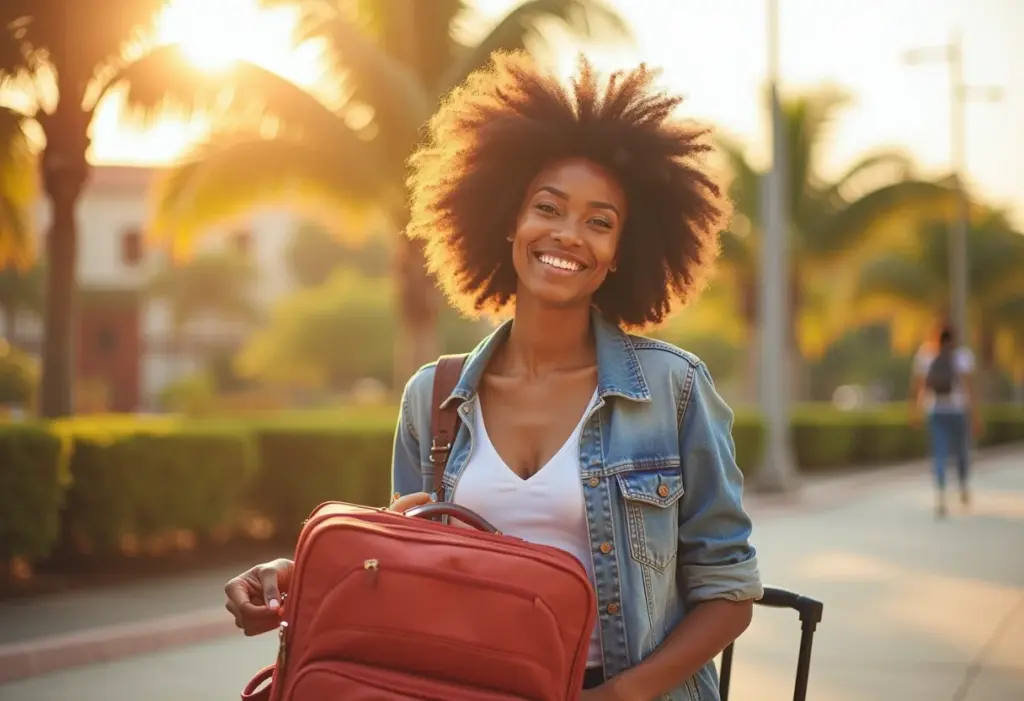 Mulher negra sorrindo enquanto organiza mala de viagem
