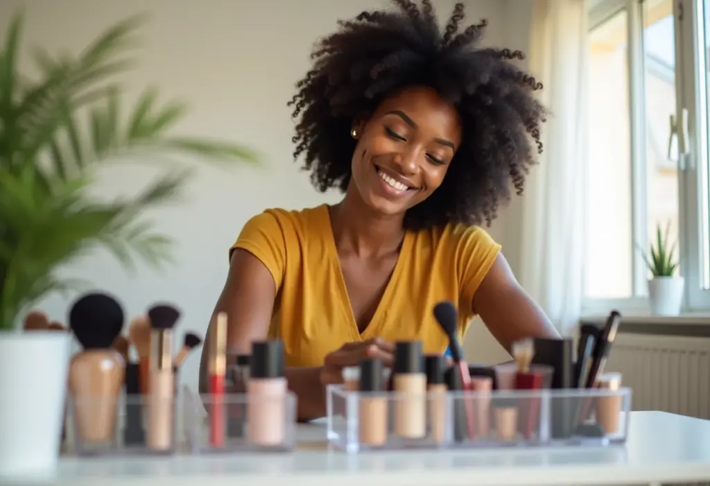 Mulher negra sorrindo enquanto organiza maquiagem em organizadores de acrílico