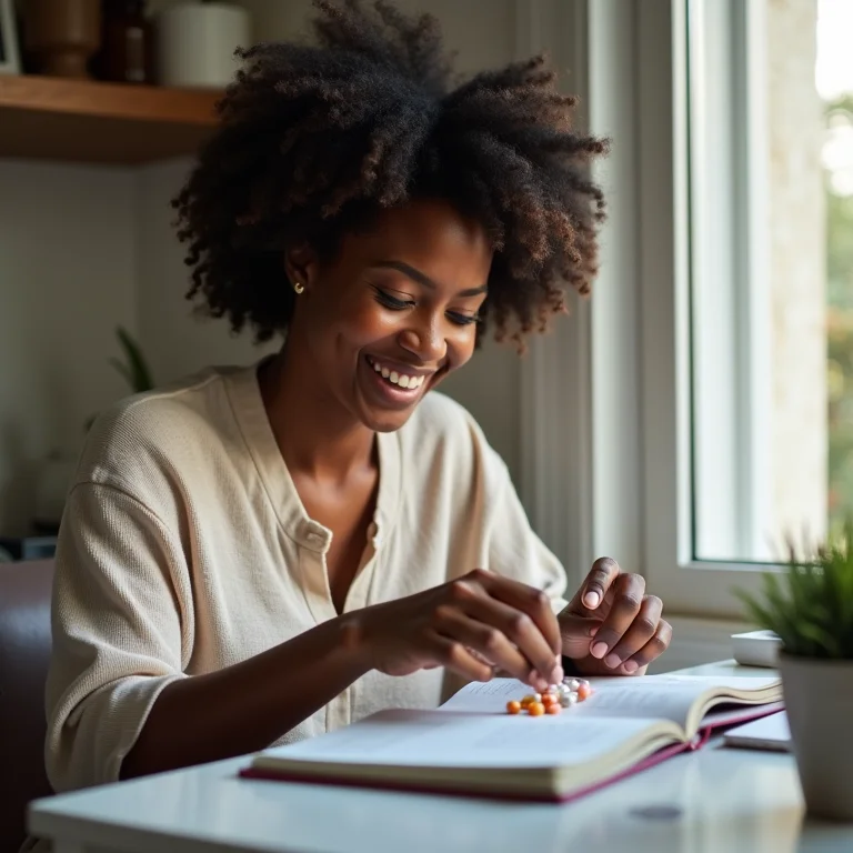 Mulher negra sorrindo enquanto organiza seus remédios.