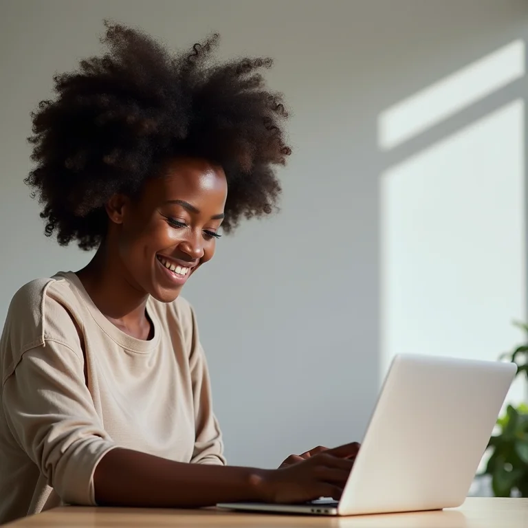 Mulher negra sorrindo enquanto organiza tarefas no Notion.
