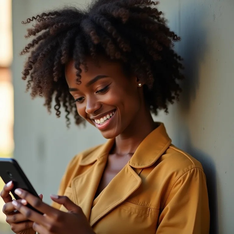 Mulher negra sorrindo enquanto planeja sua viagem para a Coreia do Sul