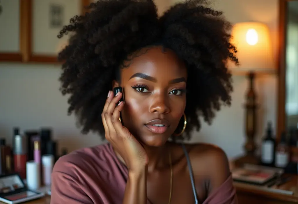 Mulher negra sorrindo enquanto se maquia em penteadeira organizada
