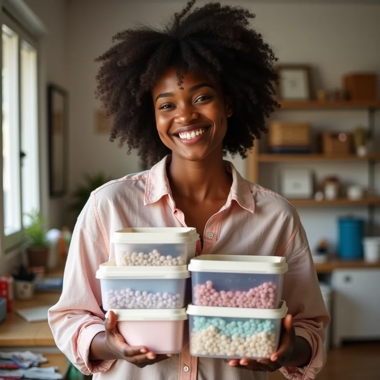 Mulher negra sorrindo enquanto segura porta trecos de tecido.