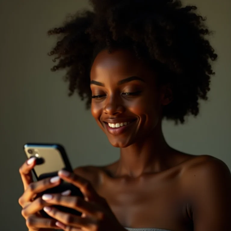 Mulher negra sorrindo enquanto usa o celular com modo noturno