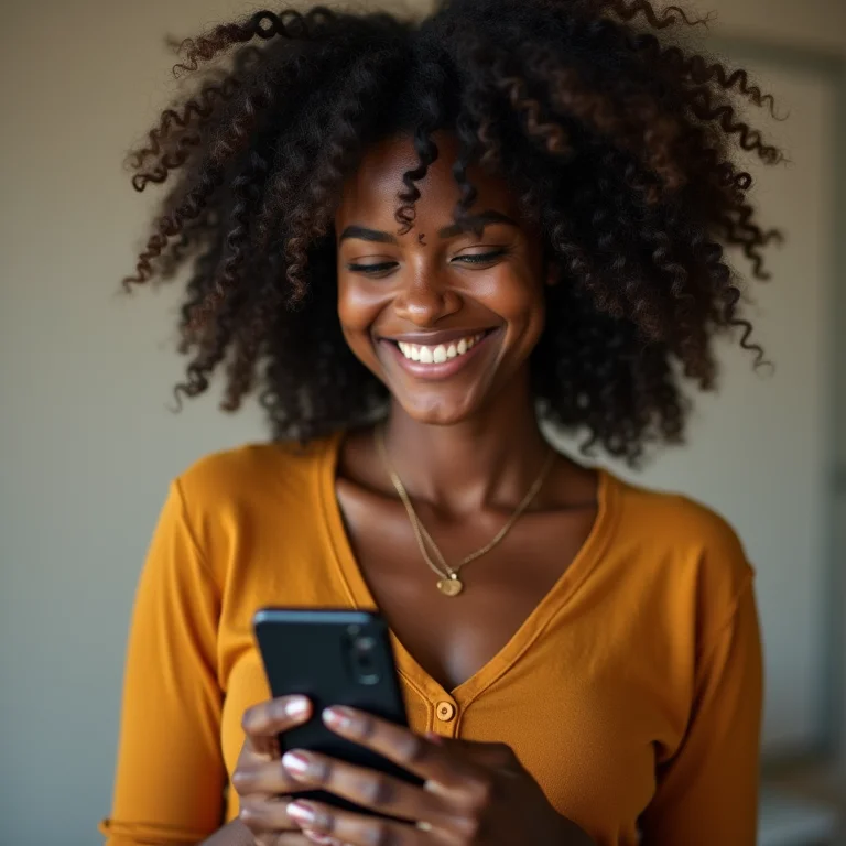 Mulher negra sorrindo enquanto usa um aplicativo de mensagens para organizar a ceia de Natal.