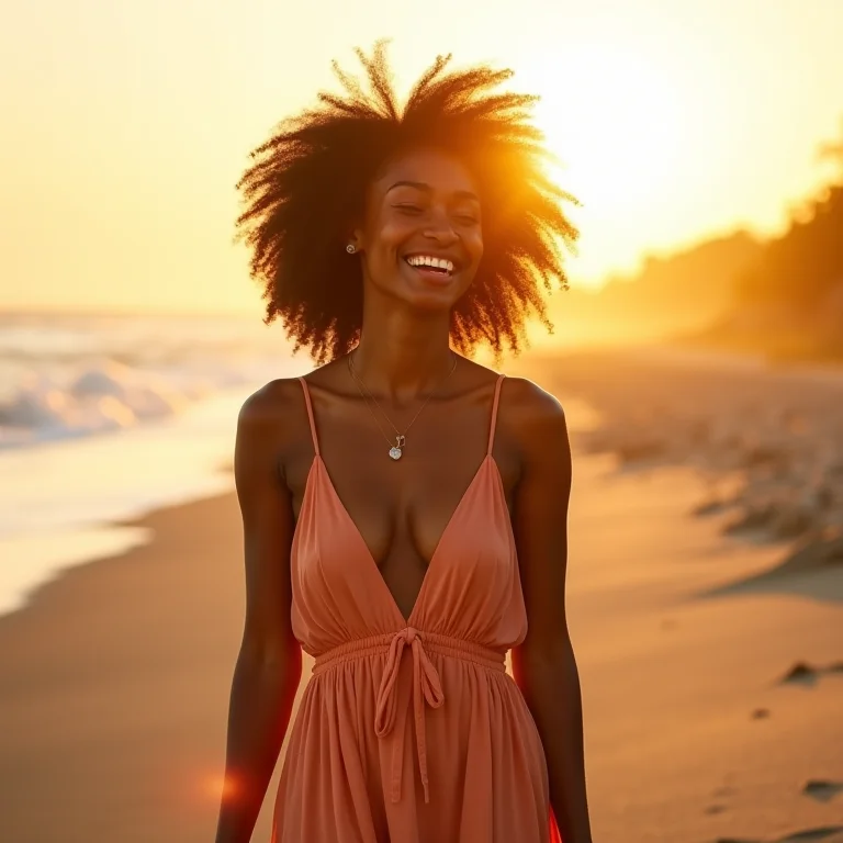 Mulher negra sorrindo na Praia da Fazenda em Ubatuba