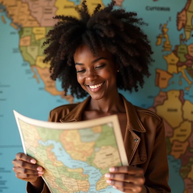 Mulher negra sorrindo, olhando um mapa em Curitiba.