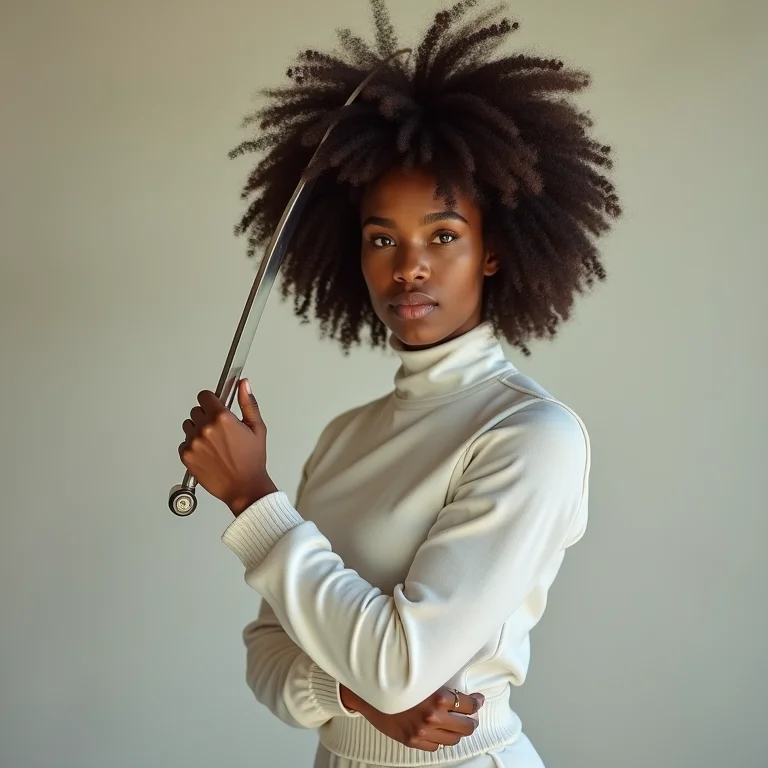 Mulher negra sorrindo praticando esgrima