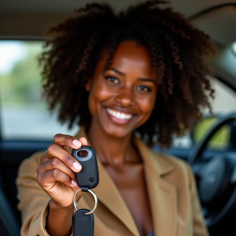 Mulher negra sorrindo segurando chaves de carro