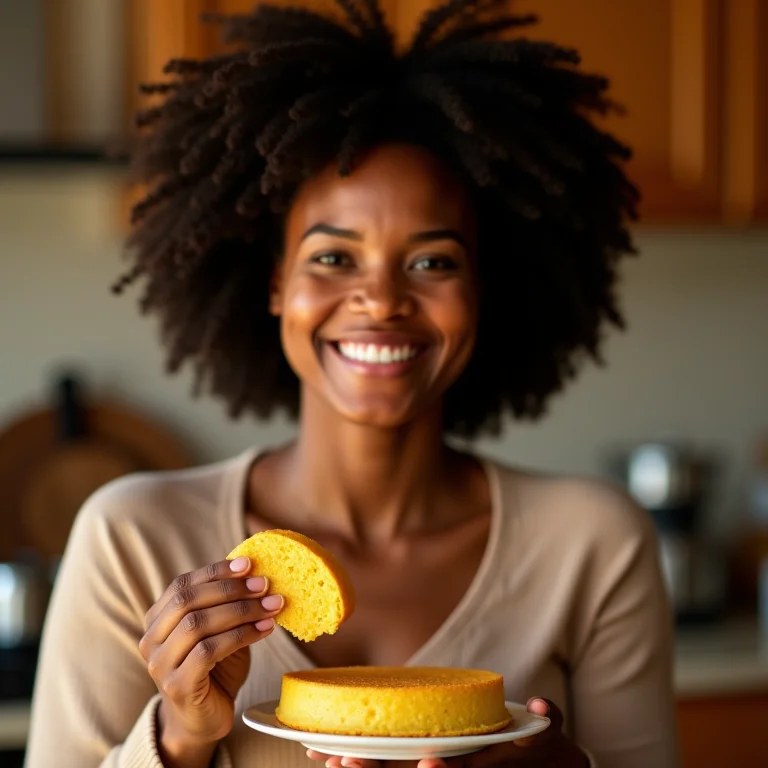 Mulher negra sorrindo segurando fatia de bolo de milho