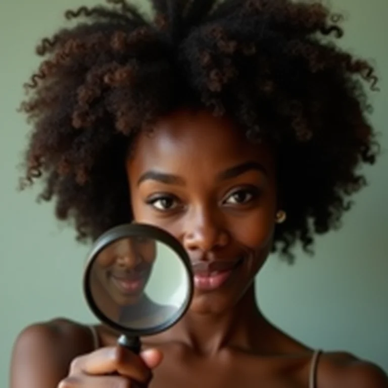 Mulher negra sorrindo segurando lupa, com tom divertido.