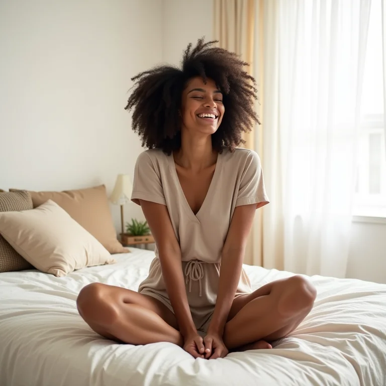 Mulher negra sorrindo sentada na cama box com baú