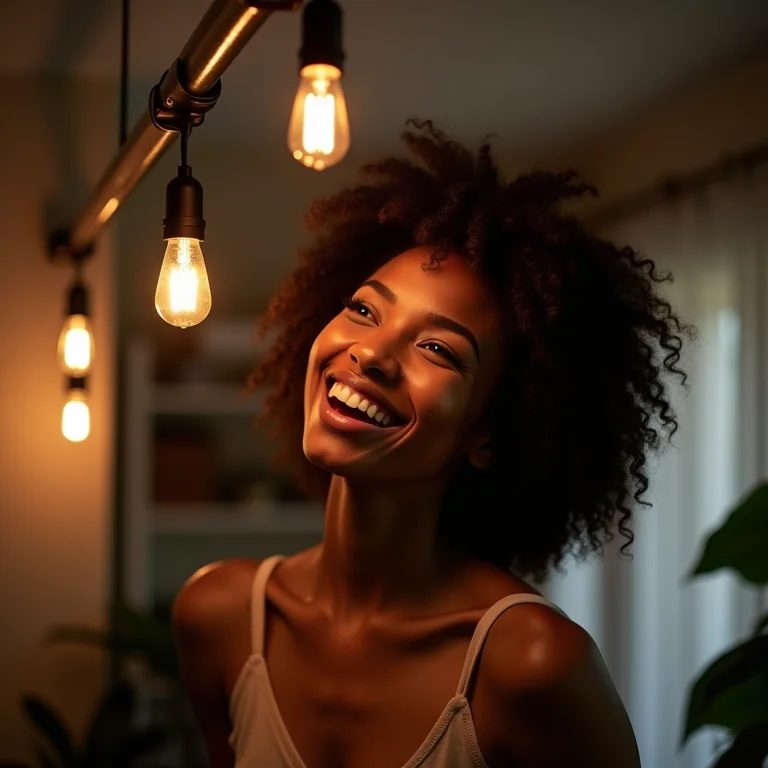 Mulher negra sorrindo sob a luz de sua luminária de trilho DIY