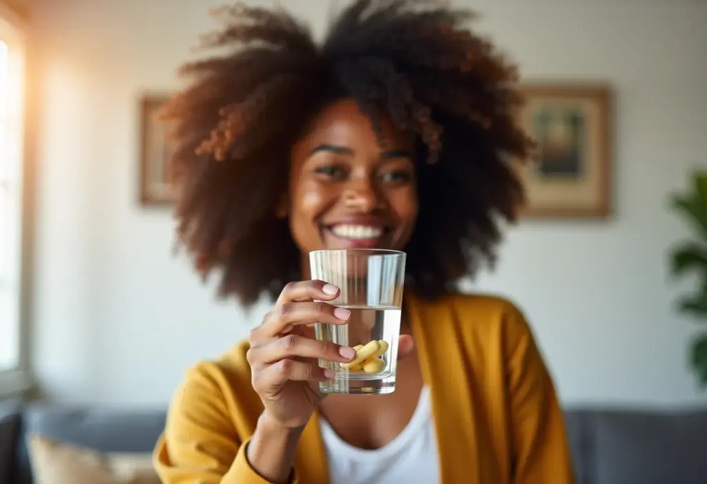 Mulher negra sorrindo tomando vermífugo