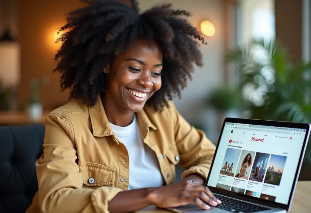 Pinterest profissional: o guia para usar e bombar sua carreira Mulher negra sorrindo usando o Pinterest no laptop