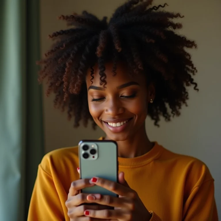 Mulher negra testando ângulos de câmera com um smartphone