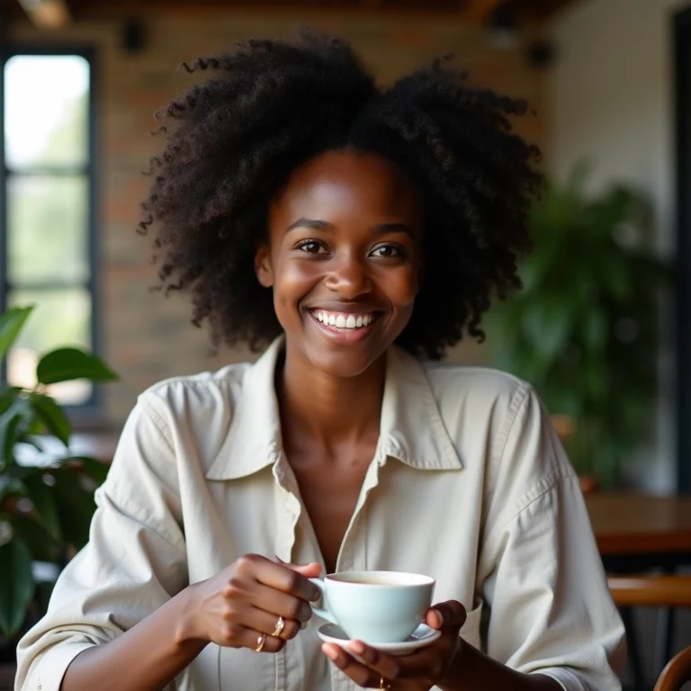 Mulher negra tomando café em Nairobi