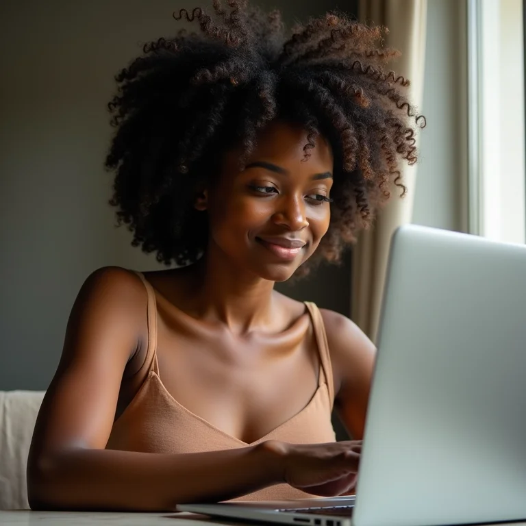 Mulher negra usando atalhos de teclado para navegar em janelas no laptop.
