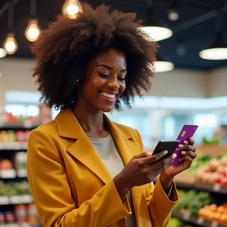 Mulher negra usando cartão Nubank no supermercado